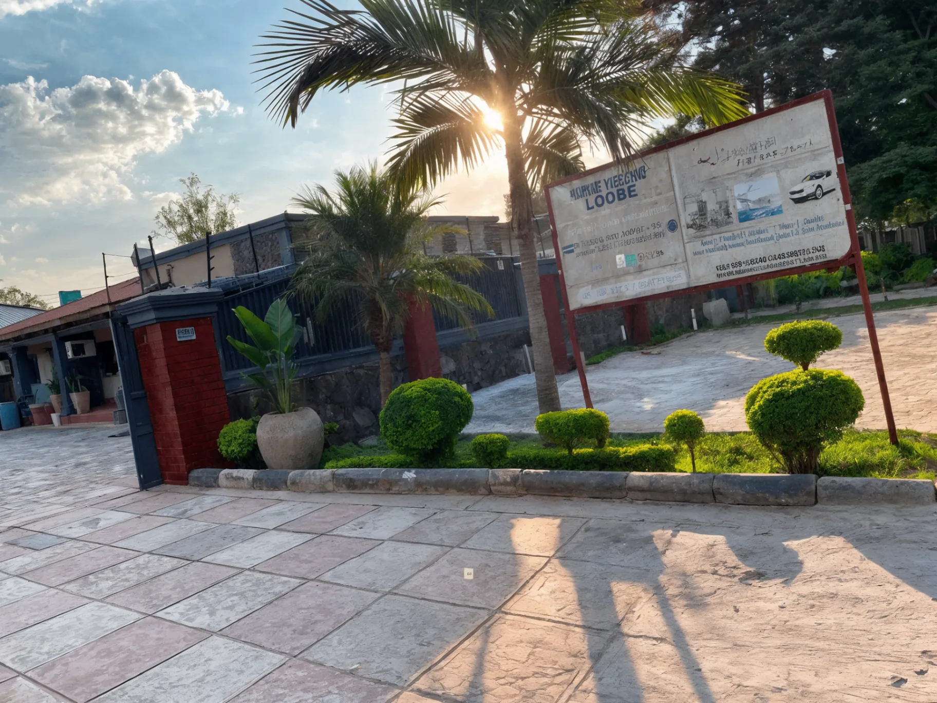 Rugems Executive Lodge entrance at golden hour — palm tree, gate and driveway